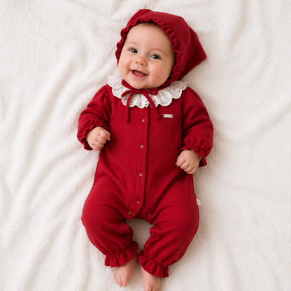 Ensemble bébé rouge élégant avec col en dentelle et béguin assorti ❤️👶