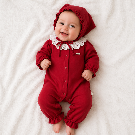 Ensemble bébé rouge élégant avec col en dentelle et béguin assorti ❤️👶
