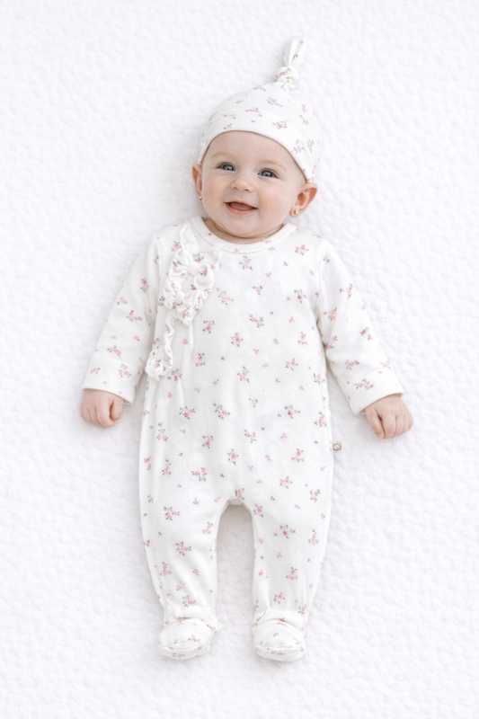 Ensemble Bébé 2 Pièces – Pyjama Côtelé & Bonnet Imprimé Floral Doux
