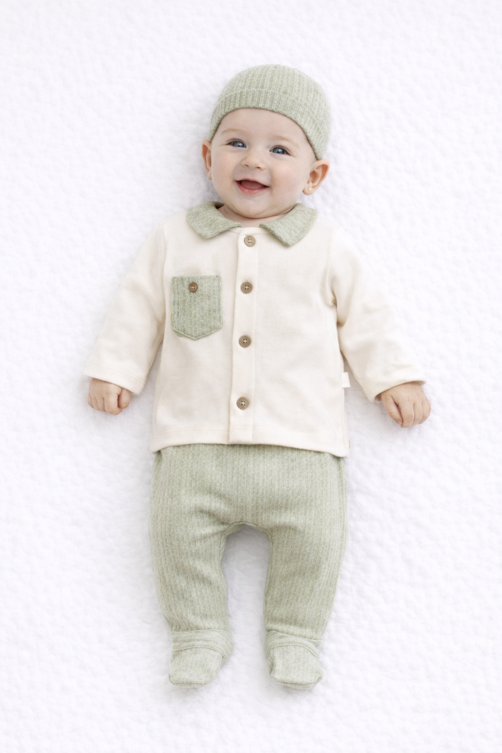 Ensemble Bébé 4 Pièces – Maille Texturée Vert Sauge & Style Rétro