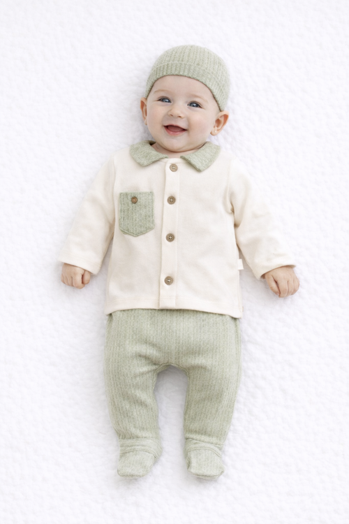 Ensemble Bébé 4 Pièces – Maille Texturée Vert Sauge & Style Rétro