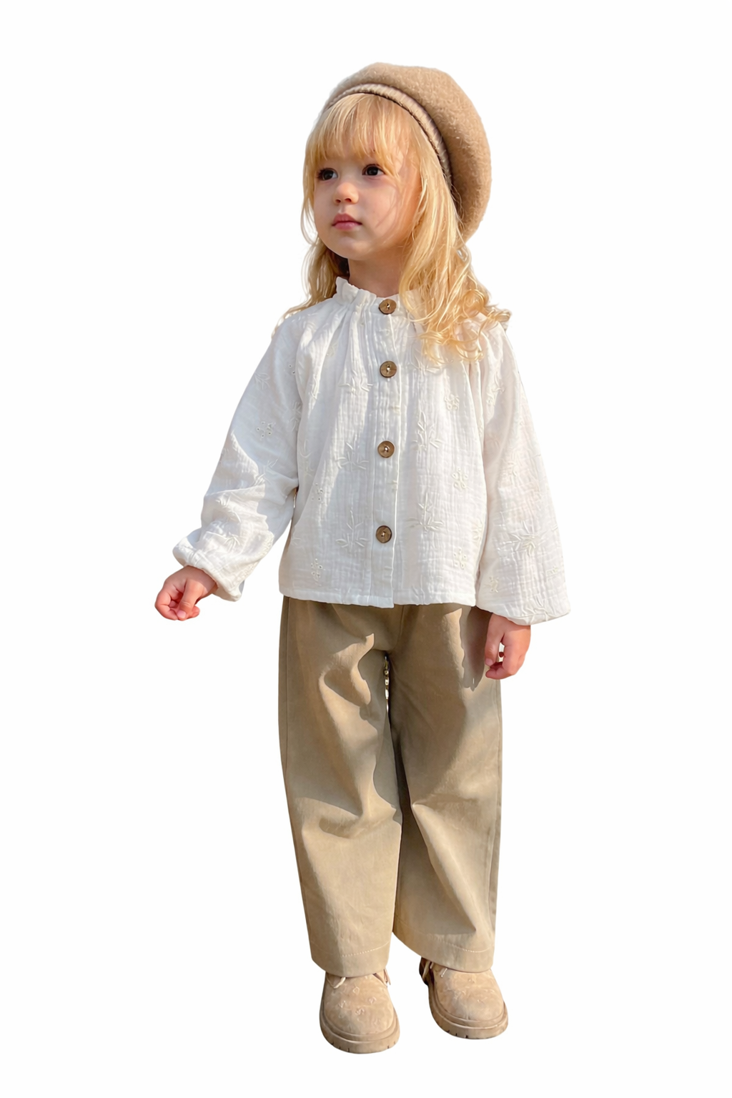 Ensemble Enfant Ivoire & Beige – Blouse Brodée et Pantalon Élégant