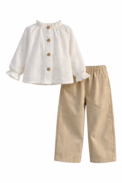 Ensemble Enfant Ivoire & Beige – Blouse Brodée et Pantalon Élégant