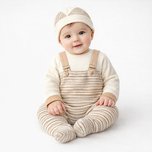Ensemble naissance beige rayé – Tenue complète douce et élégante pour bébé 🤍