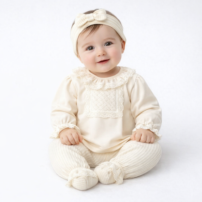 Ecrufarbenes Geburts-Set mit Spitze – Zartheit und Eleganz für Babys 🤍✨