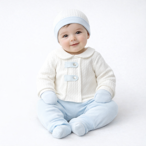 Ensemble naissance blanc et bleu ciel – douceur et élégance pour bébé 🤍🩵