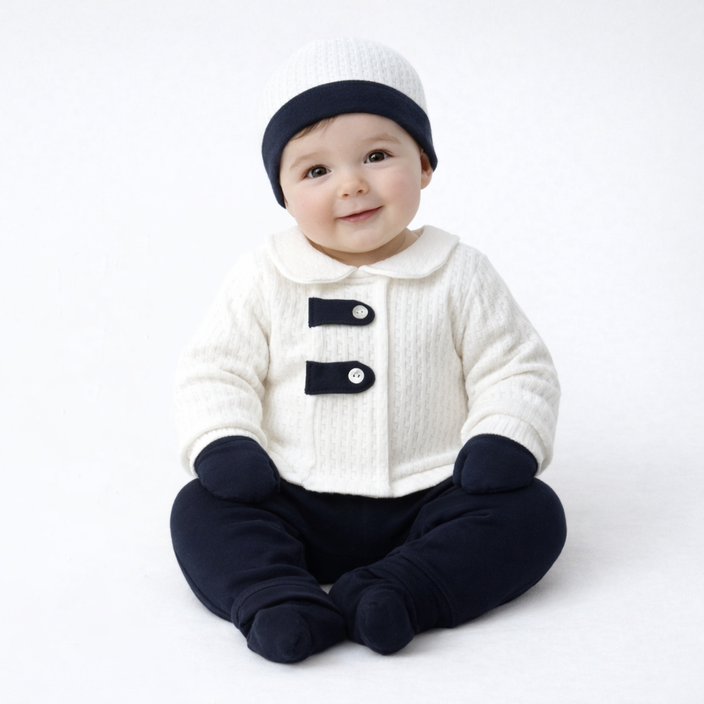 Ensemble naissance blanc et bleu marine – douceur et élégance pour bébé 🤍💙