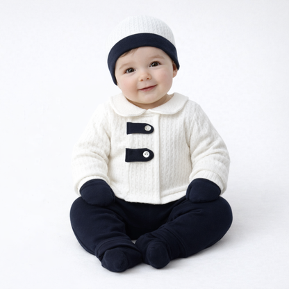 Ensemble naissance blanc et bleu marine – douceur et élégance pour bébé 🤍💙