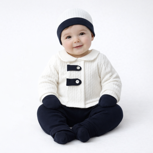 Ensemble naissance blanc et bleu marine – douceur et élégance pour bébé 🤍💙