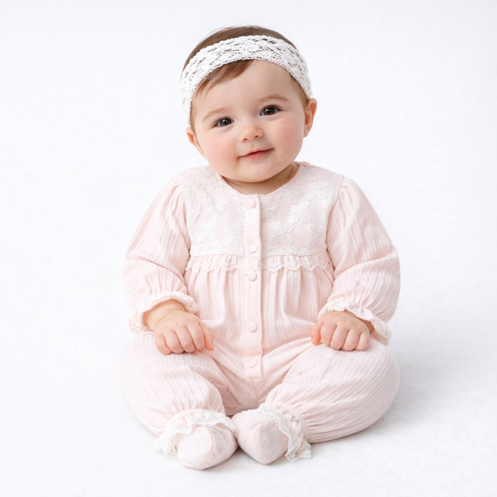 Ensemble naissance rose poudré avec bandeau – douceur et élégance pour bébé 🌸✨