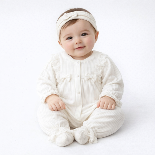 Ensemble naissance écru avec petits nœuds – douceur et élégance pour bébé 🤍✨