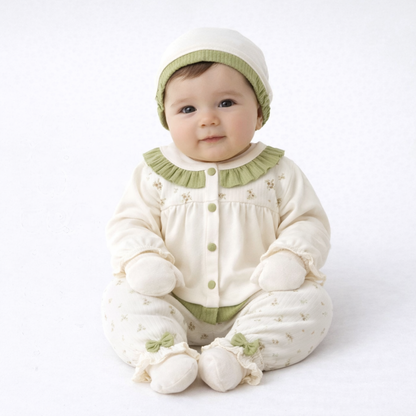 Ensemble naissance écru et vert sauge fleuri – douceur et élégance pour bébé 🤍🌿