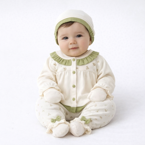 Ensemble naissance écru et vert sauge fleuri – douceur et élégance pour bébé 🤍🌿
