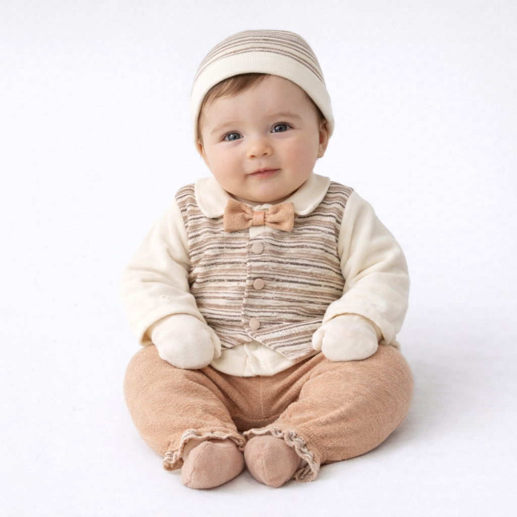 Ensemble Naissance Chic Rayé – Look Petit Gentleman Beige