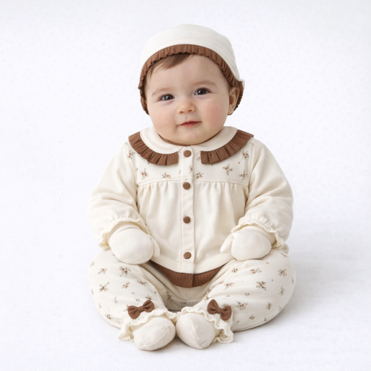 Ensemble naissance 5 pièces crème & floral – Élégance douce et charme intemporel ✨🤎