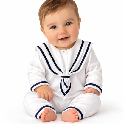 Combinaison naissance blanche style marin – élégance et douceur pour bébé ⚓🤍