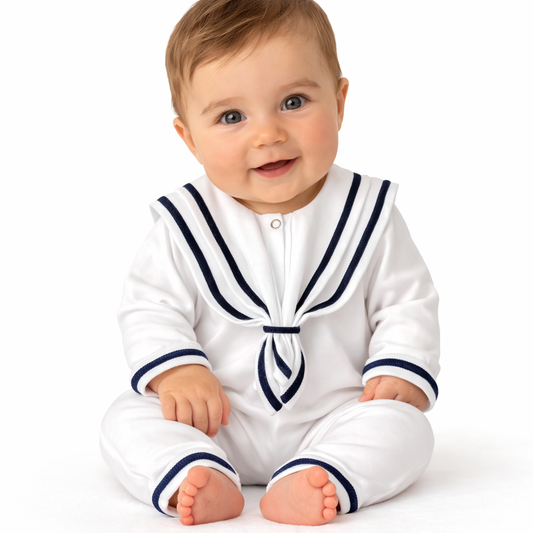 Combinaison naissance blanche style marin – élégance et douceur pour bébé ⚓🤍