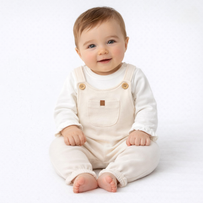 Ensemble naissance salopette écrue et body blanc – douceur et élégance pour bébé 🤍✨