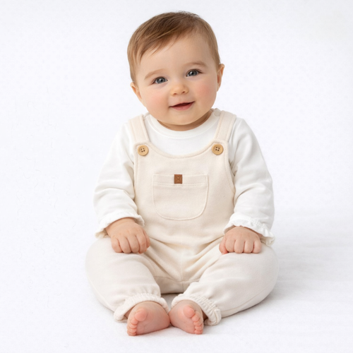 Ensemble naissance salopette écrue et body blanc – douceur et élégance pour bébé 🤍✨