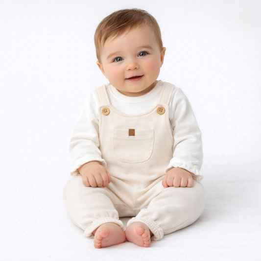 Ensemble naissance salopette écrue et body blanc – douceur et élégance pour bébé 🤍✨