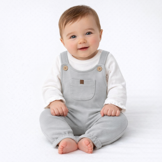 Ensemble naissance gris salopette et body – douceur et confort pour bébé 🤍✨