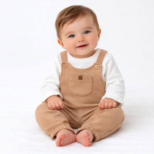 Ensemble naissance beige camel salopette et body – douceur et élégance pour bébé 🤍✨