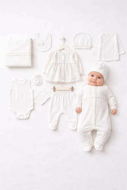Coffret Naissance Ivoire – Ensemble Bébé Complet Élégant
