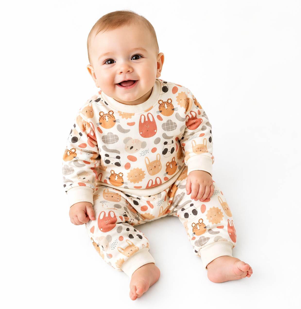 Ensemble bébé motifs animaux écru – Sweat & pantalon confort doux 🧸🤍✨