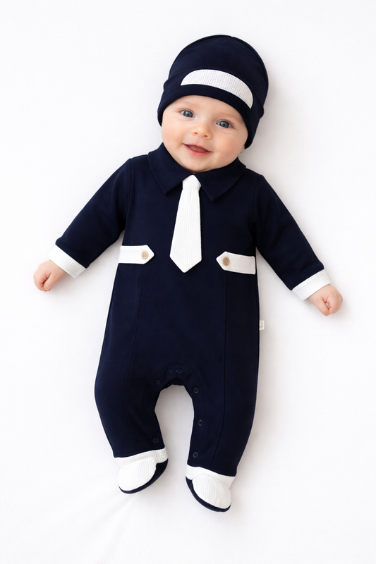 Ensemble naissance bleu marine style costume avec cravate – Élégance chic pour bébé 🤍👔✨