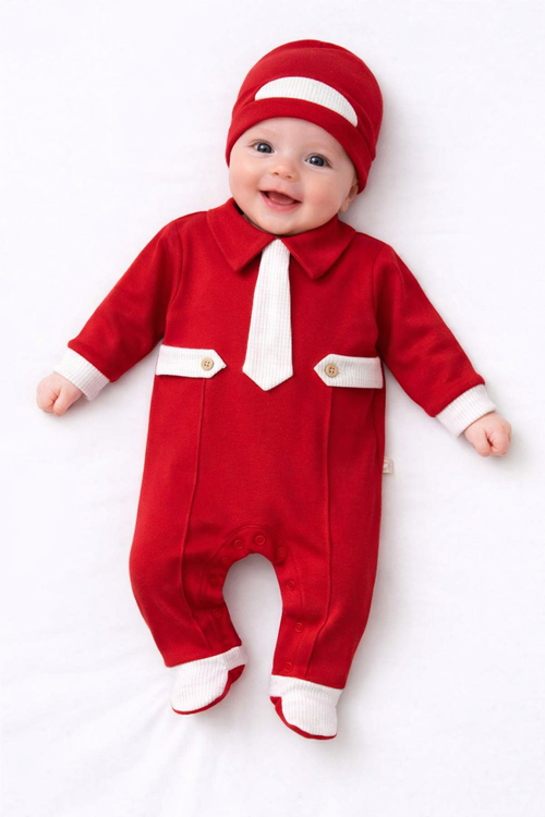 Ensemble naissance rouge style costume avec cravate – Élégance et originalité pour bébé ❤️👔✨