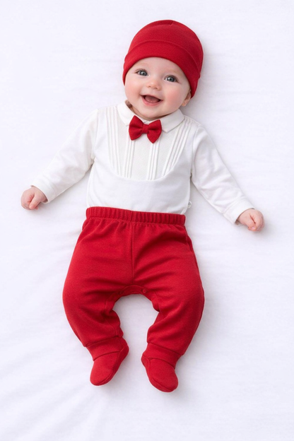 Ensemble naissance rouge et blanc avec nœud papillon – Élégance chic pour bébé ❤️🎀✨