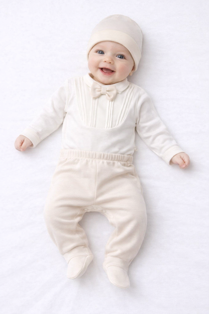 Ensemble naissance écru avec nœud papillon – Élégance douce et intemporelle pour bébé 🤍🎀✨