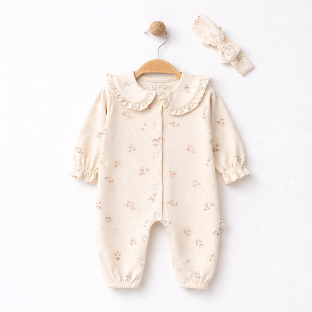Ensemble naissance écru fleuri avec col à volants – Douceur et élégance pour bébé 🤍🌸✨