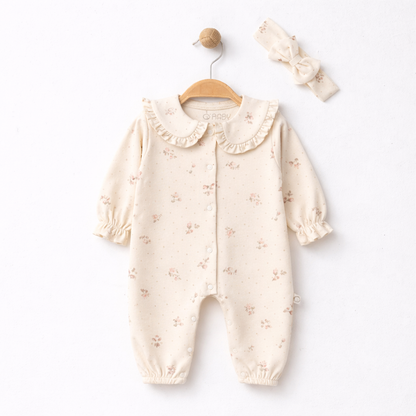 Ensemble naissance écru fleuri avec col à volants – Douceur et élégance pour bébé 🤍🌸✨