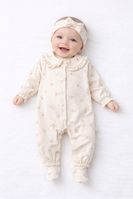 Ensemble naissance écru fleuri avec col à volants – Douceur et élégance pour bébé 🤍🌸✨