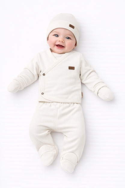 Ensemble naissance écru cache-cœur – Douceur & confort bébé 🤍✨