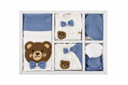 🧸💙 Coffret naissance 10 pièces crème & bleu – Collection Ourson Chic et Élégante ✨