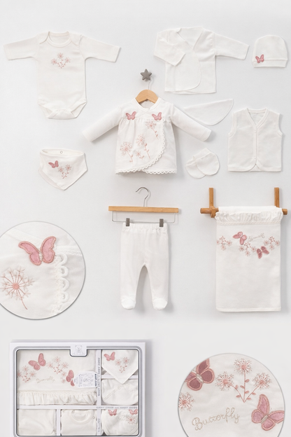 Coffret naissance blanc & rose bébé – ensemble complet 10 pièces papillons 🌸🤍