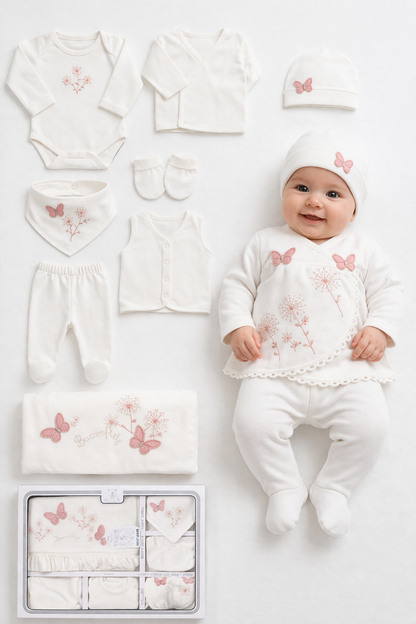 Coffret naissance blanc & rose bébé – ensemble complet 10 pièces papillons 🌸🤍