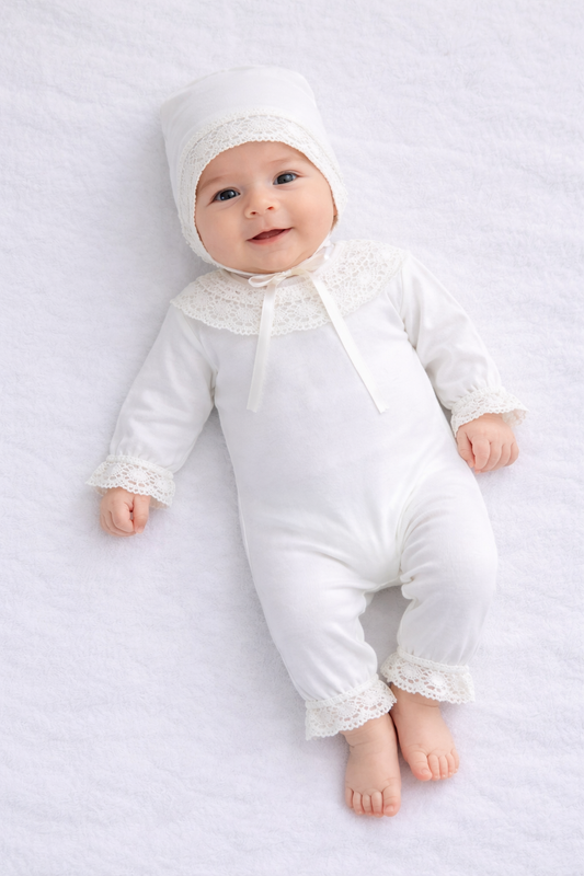 Ensemble naissance blanc dentelle bébé – pyjama, bonnet & bavoir élégant 🤍✨