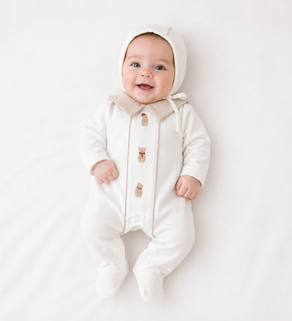 Ensemble naissance blanc & col beige – Douceur élégante et intemporelle 🤍🧸