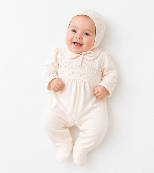 Ensemble bébé écru élégant avec dentelle et béguin assorti 🤍👶