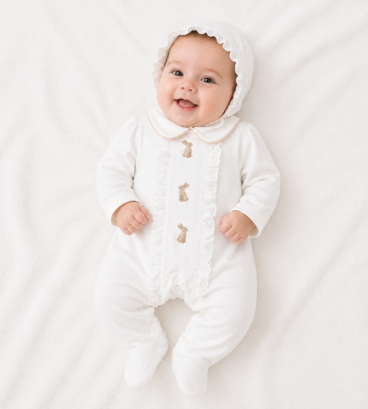 Ensemble bébé blanc élégant avec broderies lapins et béguin assorti 🤍👶
