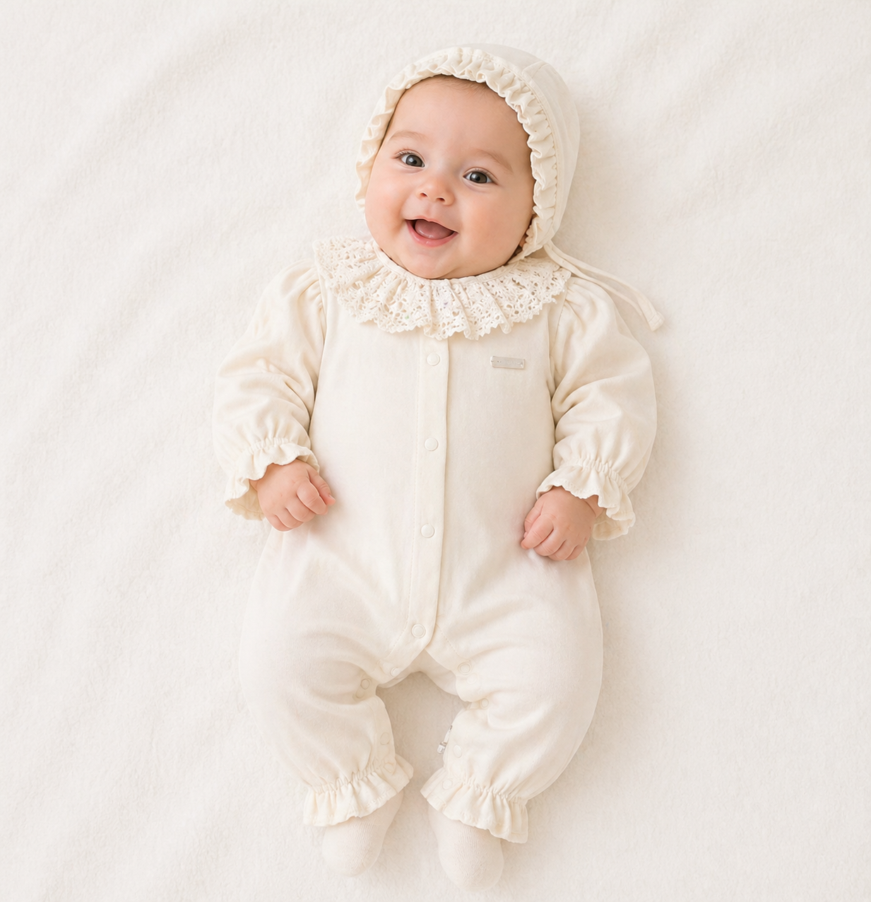 Ensemble bébé écru avec col en dentelle et béguin assorti 🤍👶