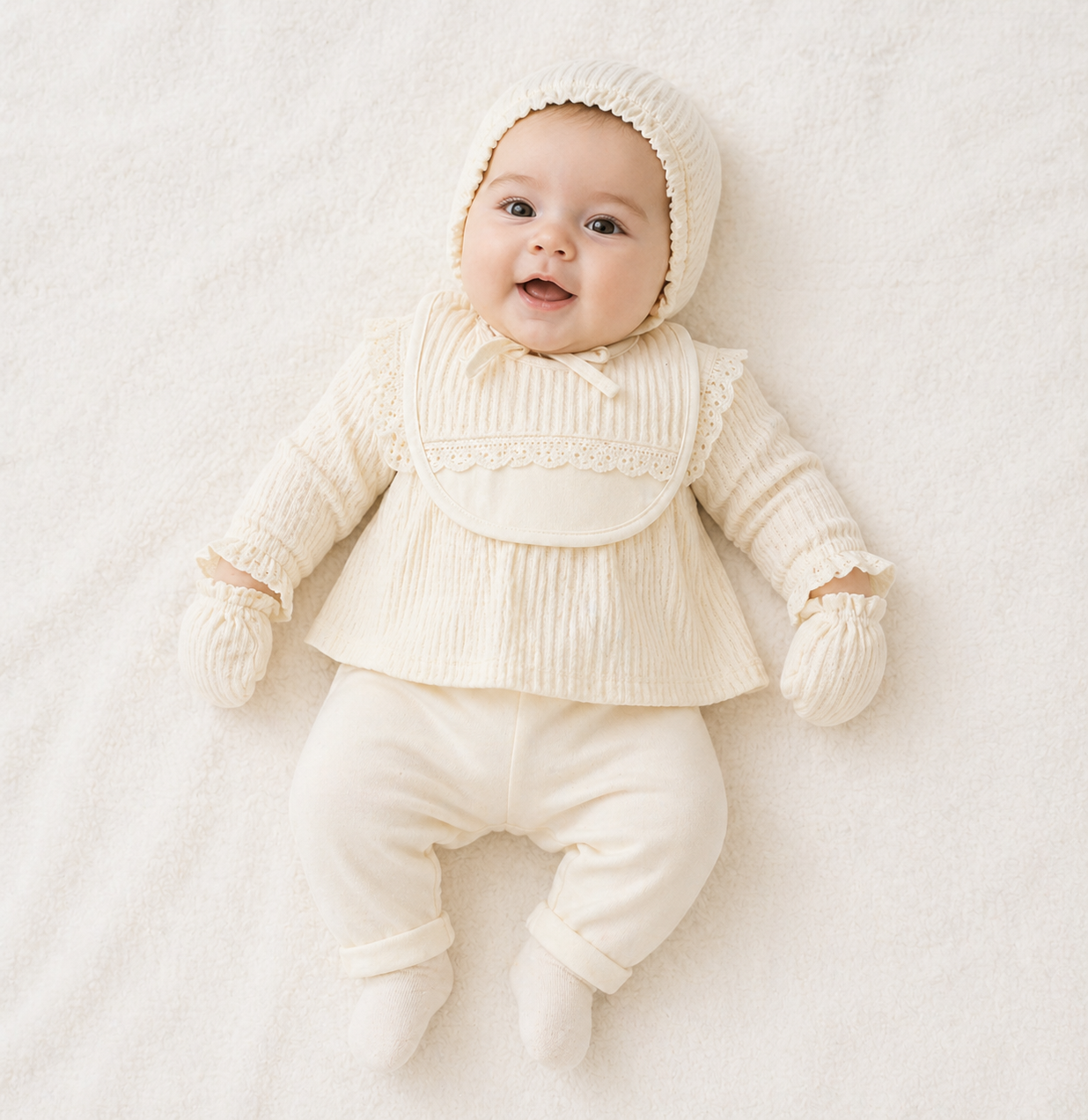 Ensemble bébé écru complet avec blouse en dentelle et accessoires assortis 🤍👶