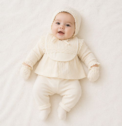Ensemble bébé écru complet avec blouse en dentelle et accessoires assortis 🤍👶