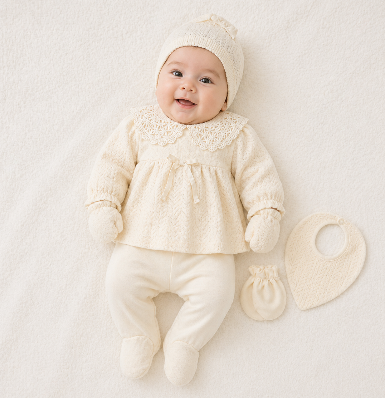 Ensemble bébé écru complet avec col en dentelle et accessoires assortis 🤍👶