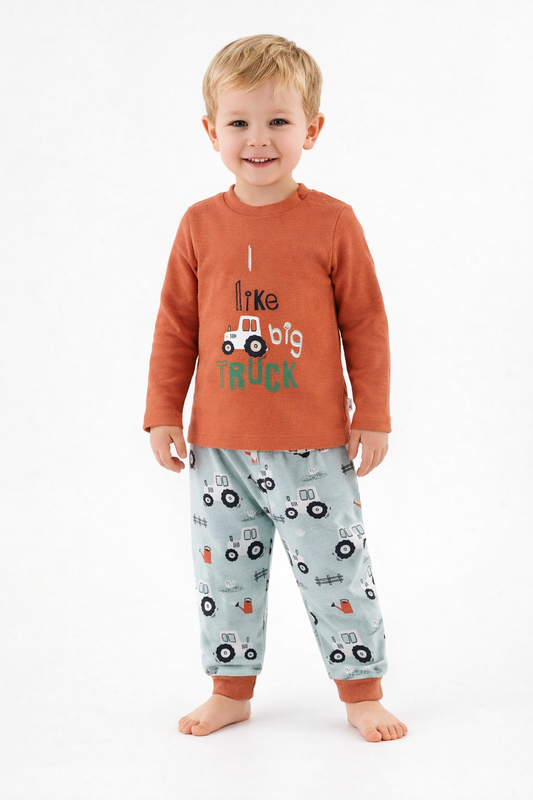 Ensemble bébé tracteur terracotta & vert sauge – T-shirt “I like big truck” et pantalon imprimé 🚜🌿
