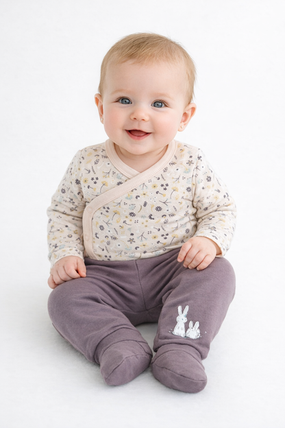 Ensemble naissance 2 pièces – Douceur florale & petits lapins 💜🌸🐰