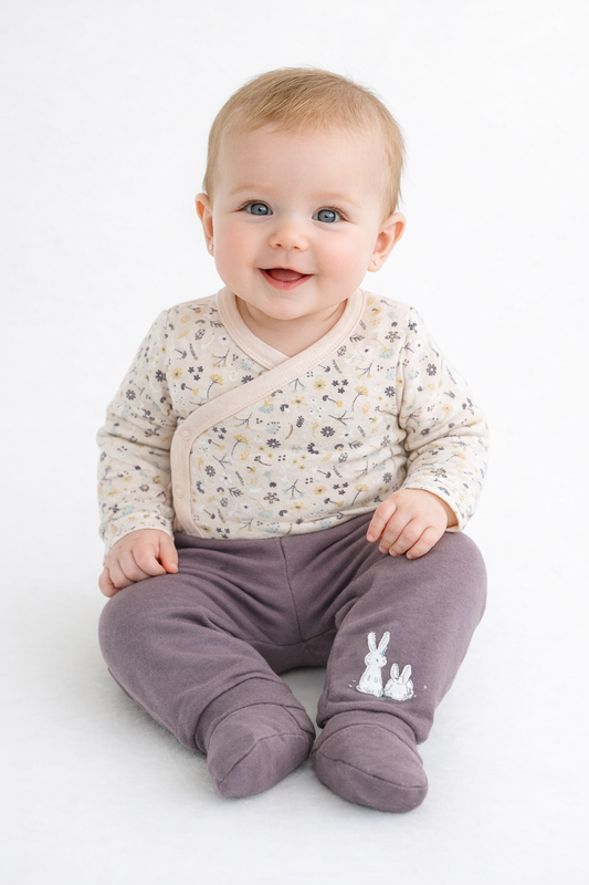 Ensemble naissance 2 pièces – Douceur florale & petits lapins 💜🌸🐰